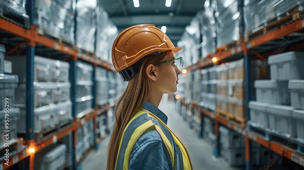 Poster a woman engineer in a protective vest and helmet, opening the door to a modern warehouse with shelve