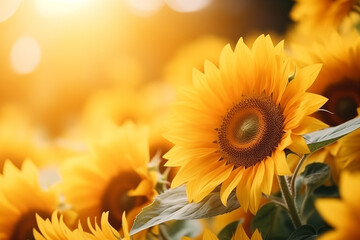 Fototapeta premium Close up of sunflower in a field of sunflowers. Defocused background with copy space.