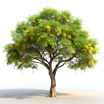 A stunning 3D illustration of a Kentucky Coffeetree. showcasing its unique silhouette and vibrant green foliage adorned with delicate yellow blossoms.