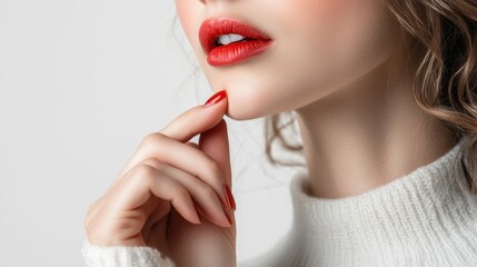 Fototapeta premium Close up of a woman's face with red lipstick and nail polish.
