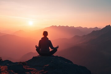Fototapeta premium A person sitting cross-legged on a rock meditating at sunrise or sunset The silhouette of the person