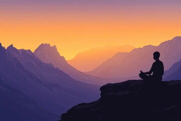 Obraz premium A person sitting cross-legged on a rock meditating at sunrise or sunset The silhouette of the person
