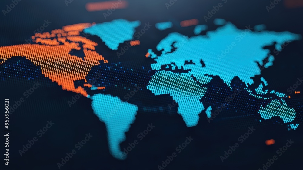 Poster global economic trends: digital world map with data points and copy space, selective focus,