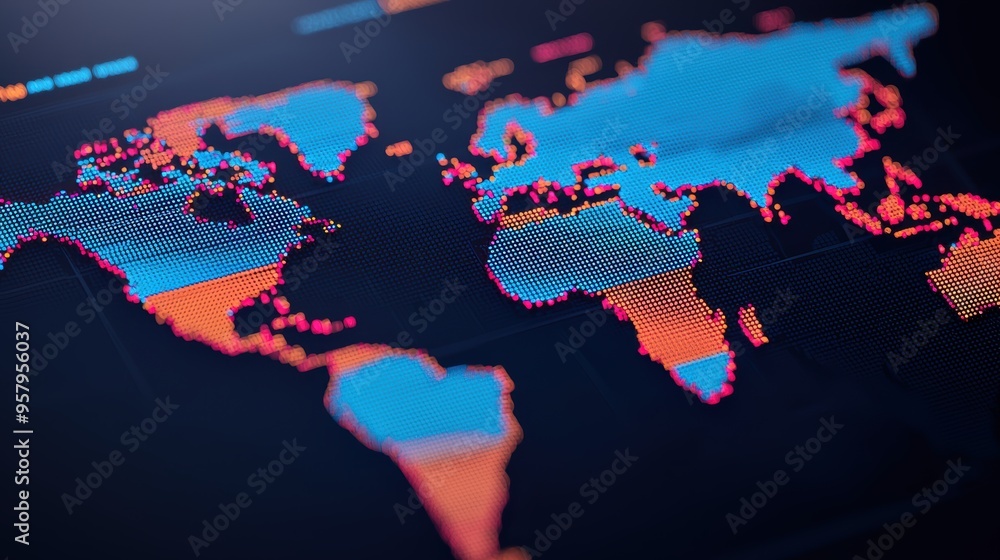 Aufkleber global economic projections on digital world map - with selective focus and copy space for text in