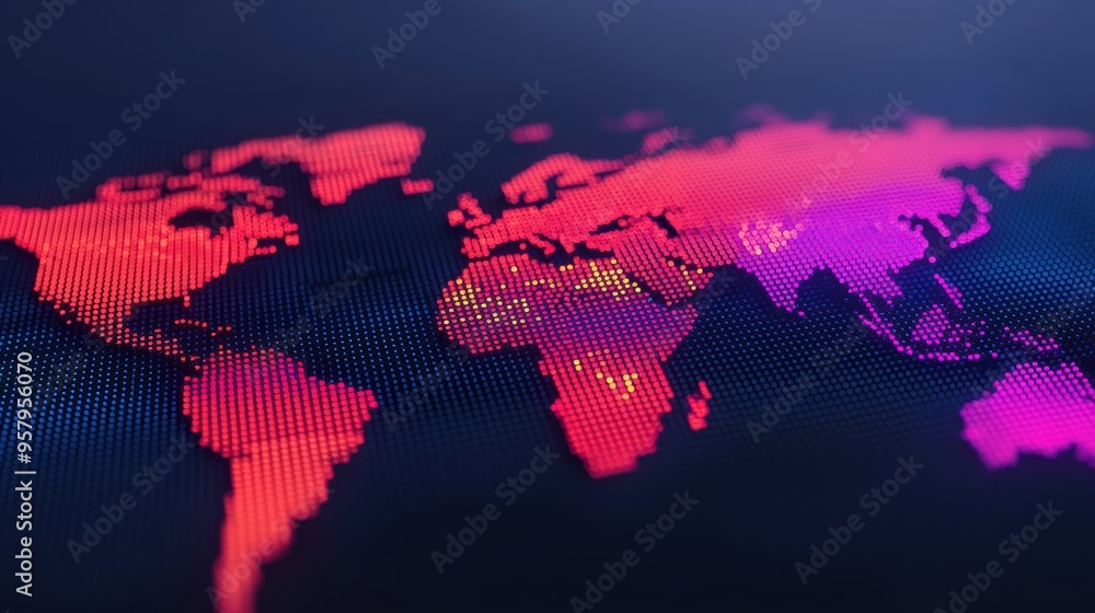 Poster global economic trends: digital world map with data points in