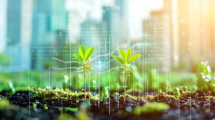 Two green seedlings emerge from the ground with Digital Wire Lines for the concept of technological growth or Urban environmental sustainability innovation.