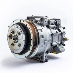 An electric motor sits majestically against a stark white backdrop isolated on white background 