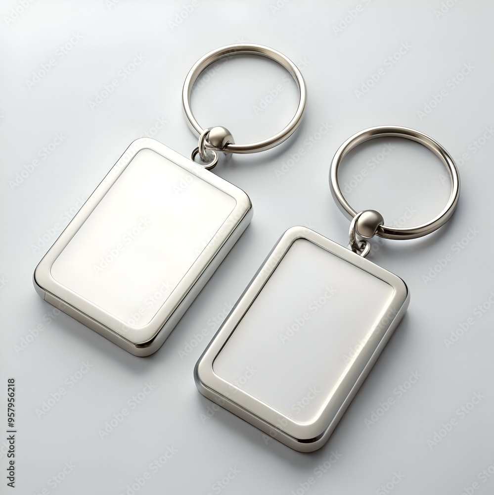 Aufkleber two blank. silver keychains with rectangular tags. perfect for adding your own design or logo.