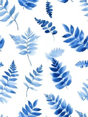 Obraz premium Blue boho fern leaves in a natural pattern, rendered in watercolor style, create a seamless design against a white background.