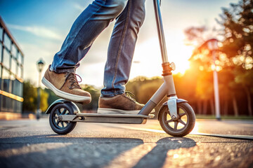 Man Riding A Scooter At Sunset, With Golden Light Illuminating The Scene.  Enjoy The Freedom Of Riding A Scooter.