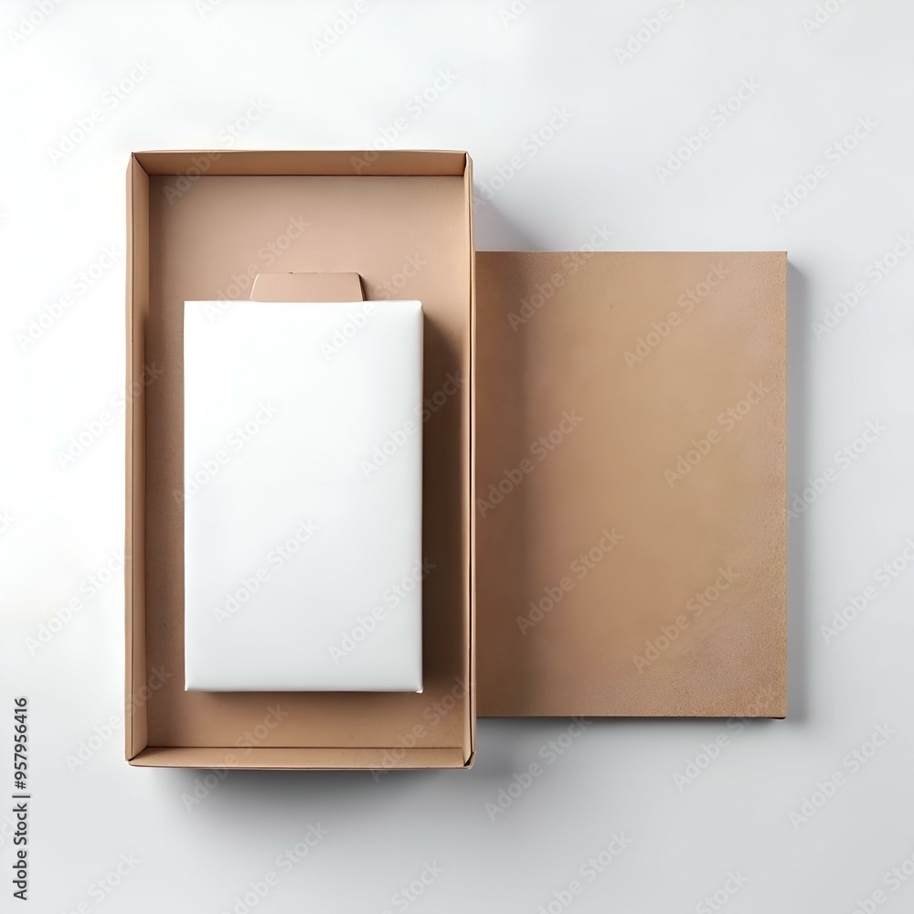 Poster a clean and simple mockup of an open cardboard box with a blank white label.