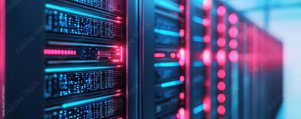Poster a close-up view of modern server racks illuminated with vibrant blue and pink lights, showcasing adv