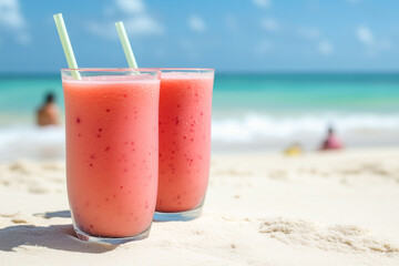 Two melon raspberry smoothies with palm leaf background