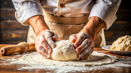 Baker kneading dough with flour on wooden table