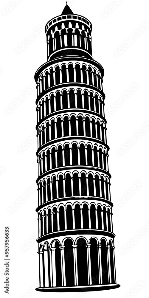 Wall mural leaning tower of pisa black and white vector silhouette design set - italian landmark monochrome outline