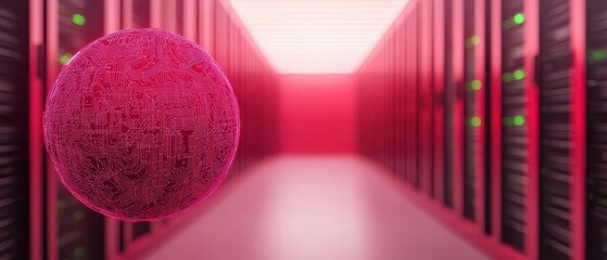 Abstract illustration of a digital server environment with a vibrant pink sphere, representing data flow and technology.