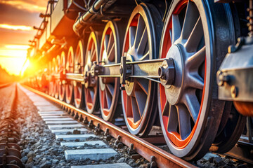 Fototapeta premium Steam Locomotive Wheels At Sunset. Industrial Photography. Transportation. Travel.