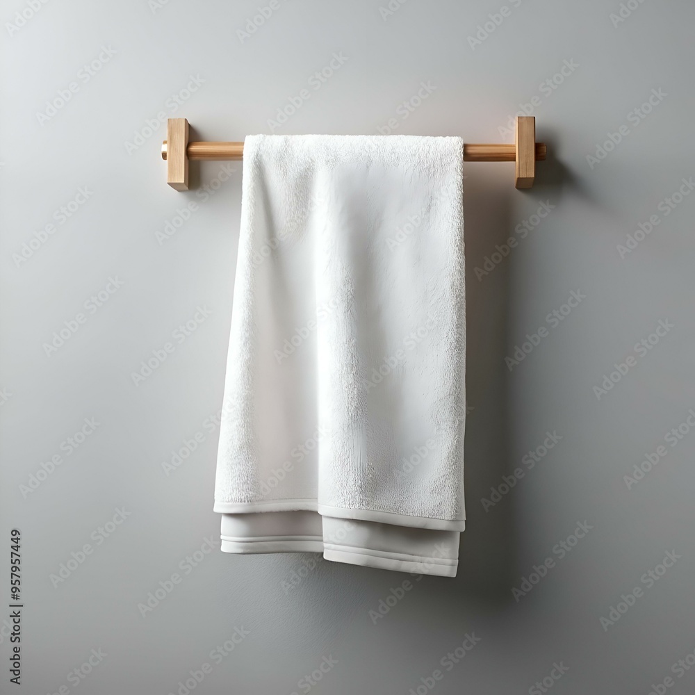 Poster a pristine white towel hangs on a simple wooden bar. creating a clean and inviting aesthetic.