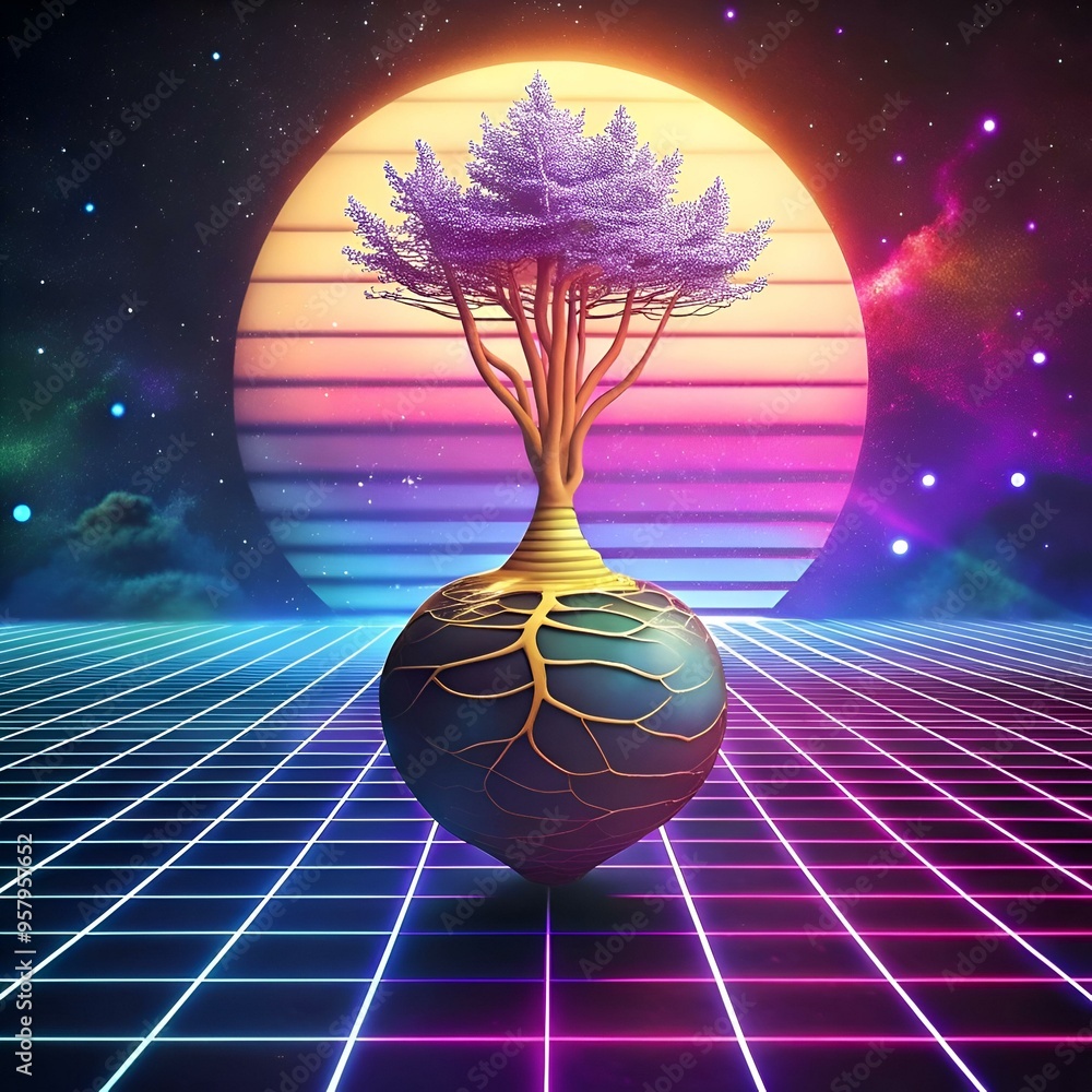 Poster a surreal 3d illustration of a tree growing from a bulbous root. set against a vibrant retro futuris