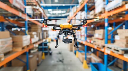 Aerial view of drones in warehouse showcasing advanced technology for inventory management