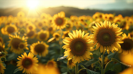 Obraz premium The sun, a field of sunflowers. Generative AI.