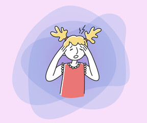 Young girl crying flat vector illustration. Sad girl feeling pain, holding head in hands. Hurt, sickness, health problem, headache concept