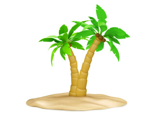 3d palm tree on summer beach island icon vector. Jungle weekend vacation trip design. Hawaii nature element with sand, leaf, coconut and exotic plant. Plasticine style summertime minimal clipart