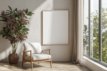 Poster Frame in Beige minimalist living room interior created with generative AI