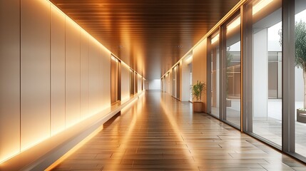 Fototapeta premium Long corridor, office area hallway, soft lighting, natural wood, warm light strip. Generative AI.