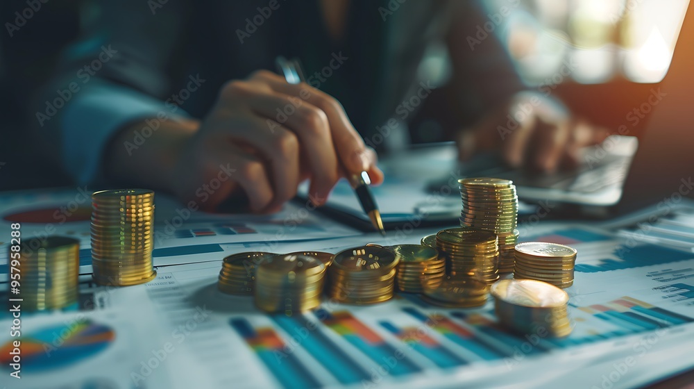 Poster businessman hands working on financial report with coin stack chart graph for success prosperity bus