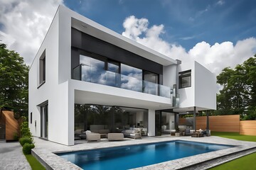 Modern private house with blue sky, House design, real estate property architecture concept
