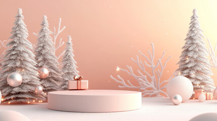 A minimalist Christmas-themed podium set against a green background, ideal for showcasing products or promotional sales. The festive scene creates a clean and elegant display.