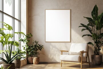 Poster Frame in Beige minimalist living room interior created with generative AI
