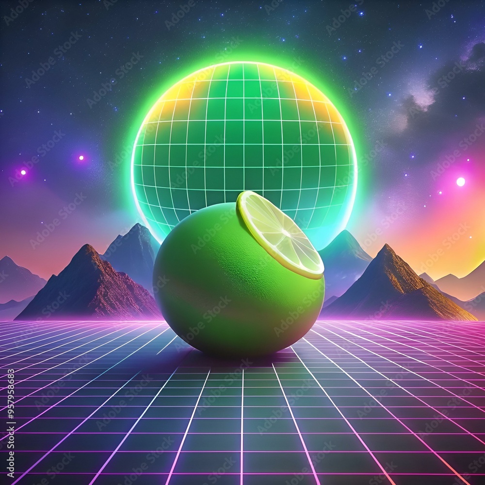 Poster a vibrant lime. sliced open. sits in a retrofuturistic landscape. illuminated by a neon green sphere