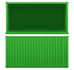 Green ship cargo container. Open storage box side. Export warehouse crate for delivery. 3d large metal truck for shipment from dock. Big industrial trade package mockup realistic graphic set