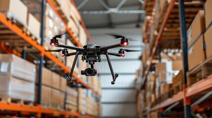 Aerial view of drones in a warehouse enhancing inventory management and delivery efficiency