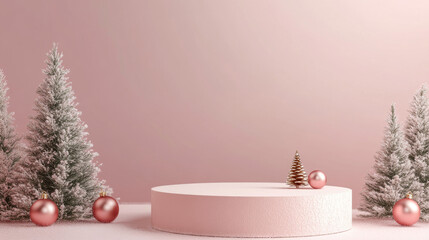 A minimalist Christmas-themed podium set against a green background, ideal for showcasing products or promotional sales. The festive scene creates a clean and elegant display.