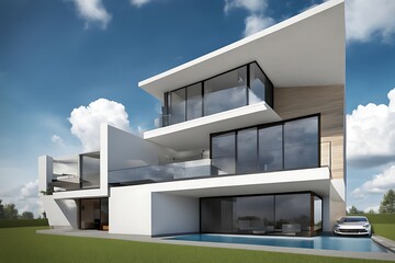 Modern private house with blue sky, House design, real estate property architecture concept