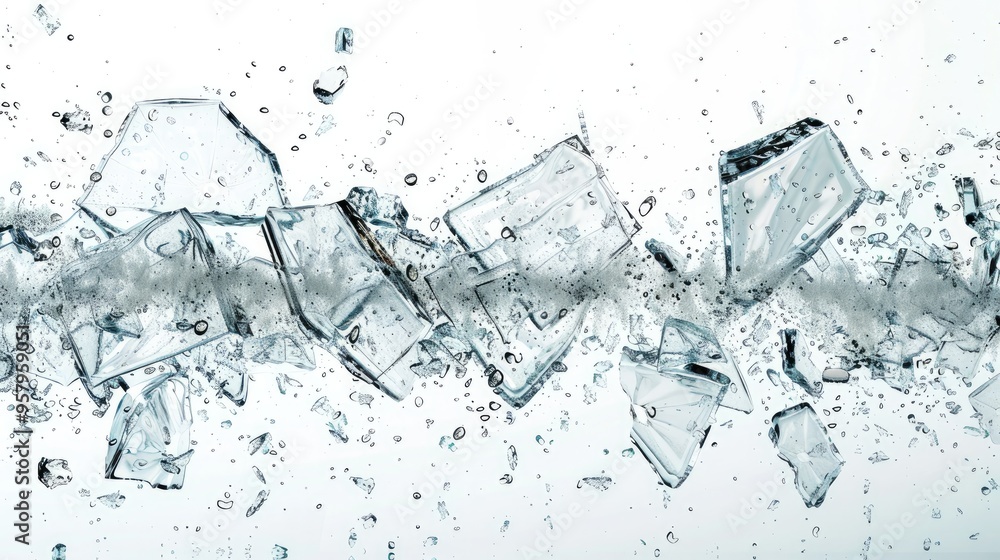 Poster shattered glass effect, fragments of shattered glass frozen mid-air, creating a dynamic explosion ef