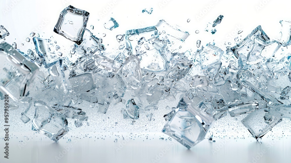 Poster shattered glass effect, fragments of shattered glass frozen mid-air, creating a dynamic explosion ef