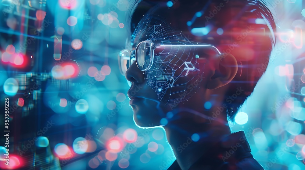 Poster head profile of a person wearing virtual reality vr glasses with blurred digital data lines backgrou