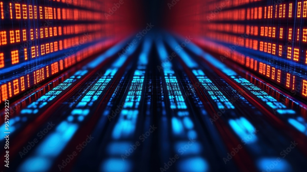 Poster business future digital horizon concept with data streams - selective focus on foreground, copy spac