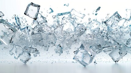 Shattered Glass Effect, Fragments of shattered glass frozen mid-air, creating a dynamic explosion effect against a white background. Generative AI.