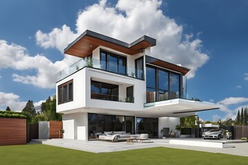 Modern private house with blue sky, House design, real estate property architecture concept