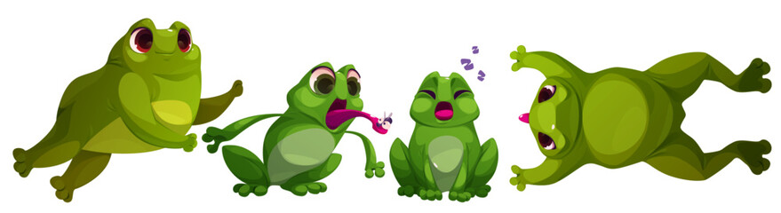 Cute toad frog character jump cartoon illustration. Green funny amphibian mascot catch bug with tongue. Childish comic element collection with hungry pose to snatch food. Sleeping animal baby clipart
