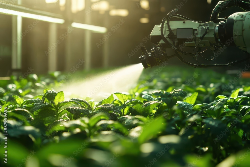 Poster a robotic arm equipped with a sprayer is shown in action, watering or applying nutrients to rows