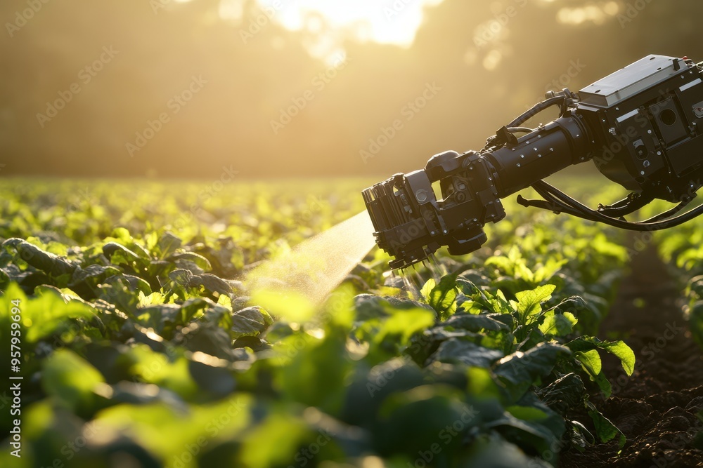 Poster a robotic arm equipped with a sprayer is shown in action, watering or applying nutrients to rows