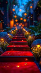 A set of stairs leading up to a red carpeted walkway with lanterns on it