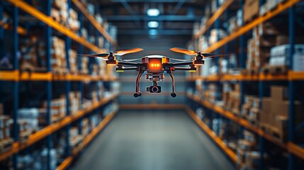 Aerial perspective of drones in warehouse demonstrating cutting edge inventory management solutions