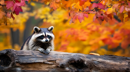 Fototapeta premium raccoon sitting on a log, with a backdrop of vibrant autumn foliage